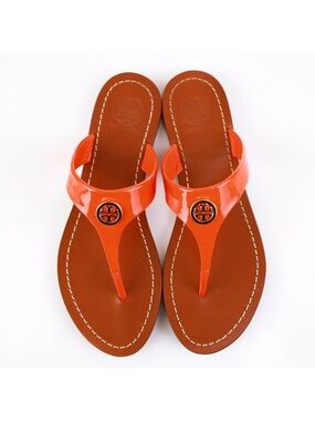 Tory Burch Cameron Patent Leather Bright Orange Sandals Size 8 M Gold Logo